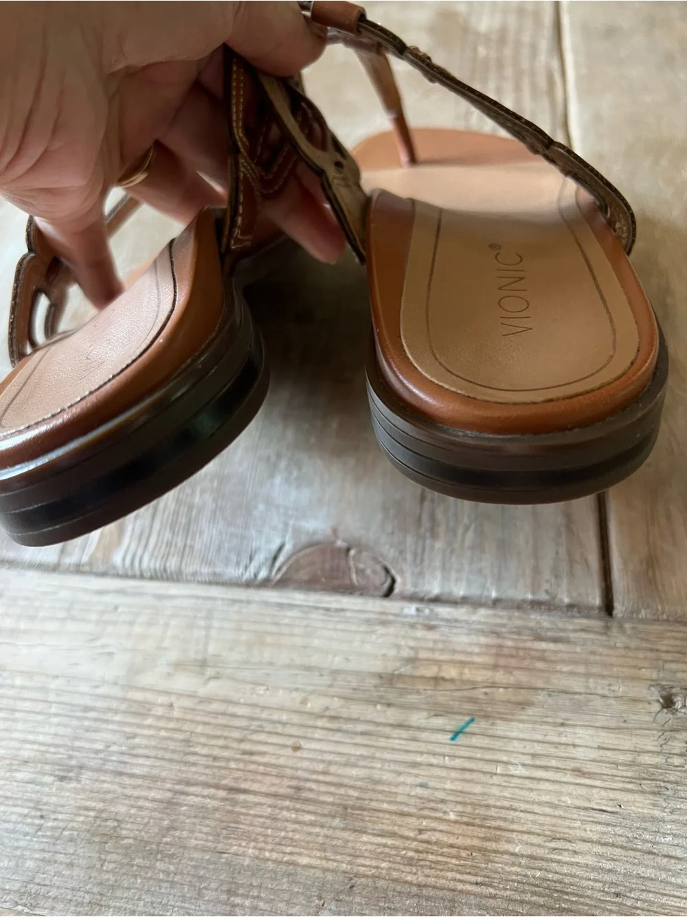 Vionic Tan Brown T-Strap Leather Slide Sandals - Picture 9 of 11
